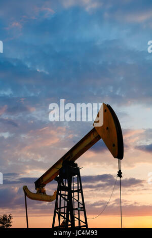 Martinetto della pompa estrae l'olio nella regione del Caucaso meridionale ad estate tramonto Foto Stock