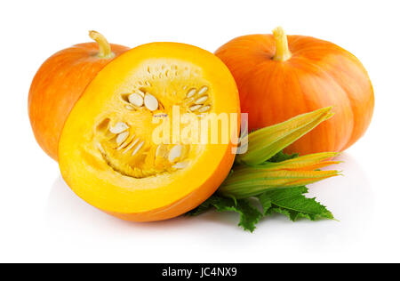 Zucca matura verdure con levaes verde e blossom isolato su bianco Foto Stock