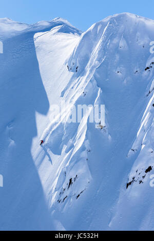 Professional Snowboarder Marie Francia Roy, corse di polvere fresca in una giornata di sole mentre lo snowboard in Haines, Alaska. Foto Stock