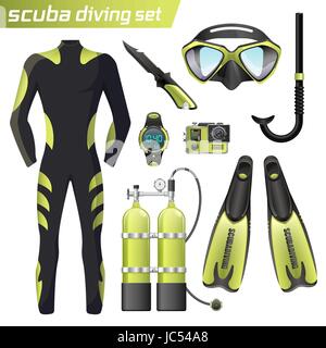 Realistico lo snorkeling e scuba diving equipaggiamento. Scuba diving gear isolato. Muta subacqueo, scuba mask, snorkelling, pinne, regolatore dive icone. Illustrazione Vettoriale