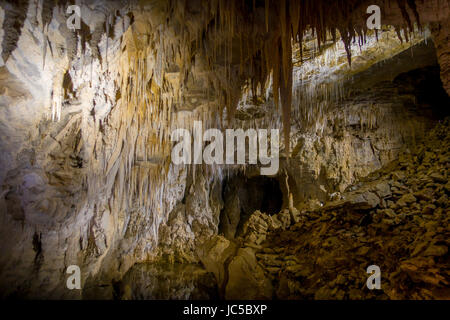 Stalattiti e stalagmiti in caverna di Ruakuri, Waitomo in Nuova Zelanda. Foto Stock