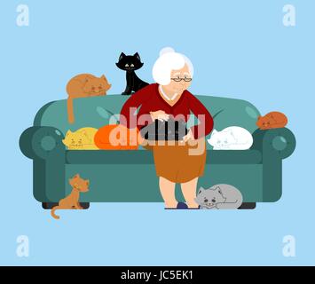 Nonna e cat seduti su una sedia. granny cat lady. la nonna e pet. vecchia donna e animale. gammer e la Bestia Illustrazione Vettoriale