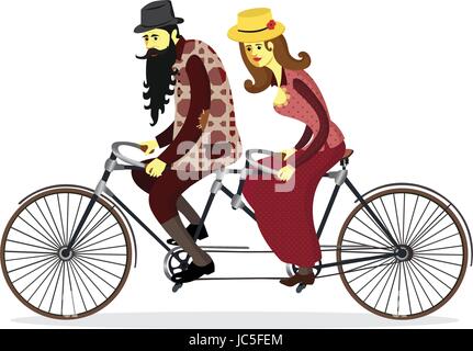 Paio di equitazione biciclette tandem. Persone mature giovane equitazione Bicicletta twin insieme. Coppia isolata anziani. Illustrazione Vettoriale. Illustrazione Vettoriale