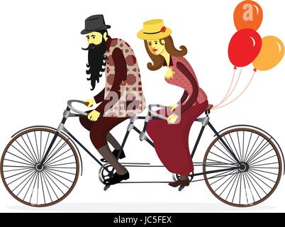 Paio di ciclisti sulla bicicletta in tandem con palloncini.illustrazione vettoriale di divertenti cartoon giovane: la sposa e lo sposo di equitazione biciclette tandem al loro wed Illustrazione Vettoriale