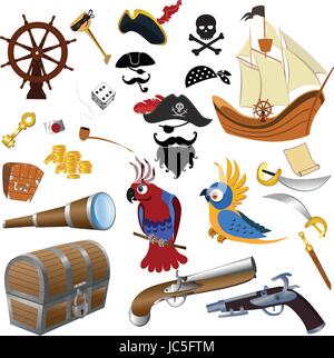 Le icone dei Pirati serie dettagliata illustrazione vettoriale su sfondo bianco Illustrazione Vettoriale