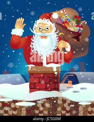 Santa sul tetto con un sacco di regali e agitando la mano.Natale carta banner. Illustrazione Vettoriale. Illustrazione Vettoriale