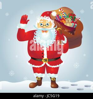 Santa Claus cartoon agitando la mano. Babbo Natale con un rilievo a sinistra. Cartoni animati Illustrazione Vettoriale
