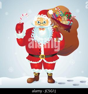 Santa Claus tenendo un bastoncino di zucchero candito e con un sacco di doni in inverno anteriore dello sfondo. Illustrazione Vettoriale Illustrazione Vettoriale
