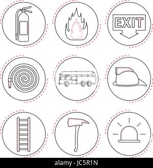 9 facile da usare fire fighter le icone della linea progettata come nero & bianco tema Illustrazione Vettoriale