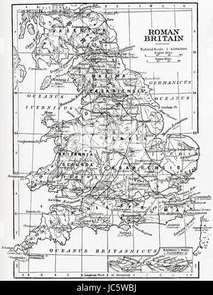 Mappa di Bretagna Romana che mostra la zona dell'isola di Gran Bretagna che era disciplinata dall'Impero Romano, da 43 a 410 annuncio. Da Hutchinson nella storia delle nazioni, pubblicato 1915. Foto Stock
