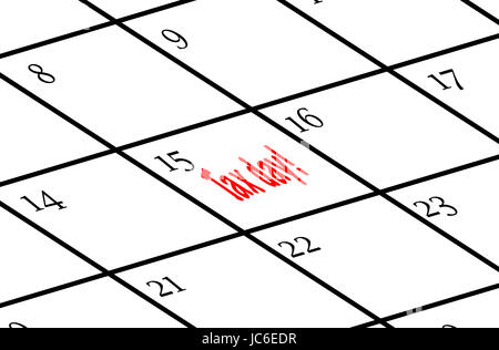 Calendario con giorno fiscale contrassegnate in rosso sulla XV Foto Stock