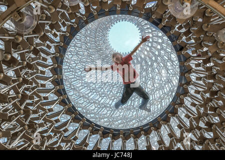 Un ragazzo interagisce con l'Alveare arte di installazione presso i Giardini di Kew, dal Regno Unito in base all'artista Wolfgang contrafforte. Foto Stock