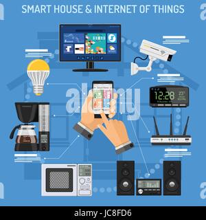 Smart House e internet delle cose concetto con icone di piatto. L uomo lo smartphone tenendo in mano e controlla smart home dispositivi come una telecamera di sicurezza, TV, l Illustrazione Vettoriale