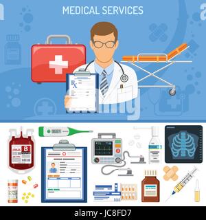 Servizi medici concetto con icone di piana medico, la prescrizione, uno stetoscopio medical record, raggi x, contenitore di sangue. isolato illustrazione vettoriale Illustrazione Vettoriale