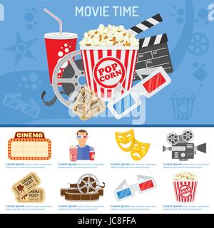 Cinema e Film Il concetto di tempo con icone di piatto di maschere e occhiali 3D, clapperboard e viewer con popcorn e soda in mani, isolato illustrazione vettoriale Illustrazione Vettoriale