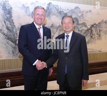 Pechino, Cina. Xiii Giugno, 2017. Chinese Vice Premier Ma Kai (R) risponde con l'ex Presidente tedesco Christian Wulff, che è anche il Presidente globale dell'alleanza globale delle PMI (GASME), a Pechino, capitale della Cina, 13 giugno 2017. Credito: Wang Ye/Xinhua/Alamy Live News Foto Stock