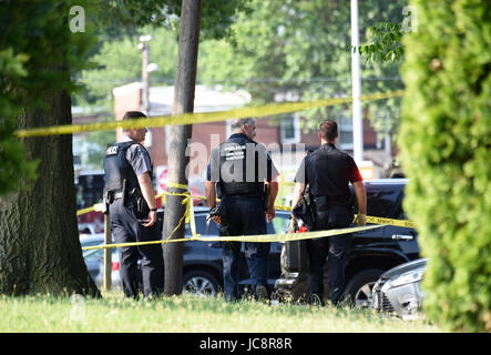 Alexandria, Stati Uniti d'America. 14 Giugno, 2017. Poliziotti di lavoro presso il sito del colpo di pistola a Eugene Simpson Stadium Park in Alexandria, Virginia stato, gli Stati Uniti, il 14 giugno 2017. Il pistolero che hanno aperto il fuoco mercoledì mattina in U.S. Congressional baseball campo pratica è stato identificato come James T. Hodgkinson, un maschio bianco nel suo 60s. Credito: Yin Bogu/Xinhua/Alamy Live News Foto Stock