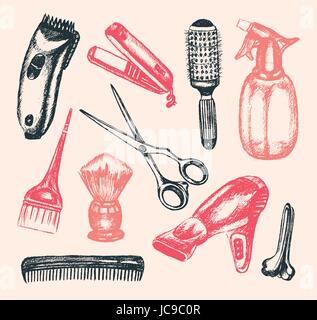 Barbiere attrezzature - illustrazione di disegnati a mano composizione Illustrazione Vettoriale