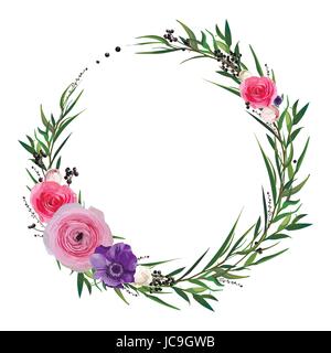 Fiore cerchio intorno ghirlanda di fiori rosa rosa viola Anemone Ranunculus euvcalipt foglie bacche bella bella primavera estate bouquet elegante waterco Illustrazione Vettoriale