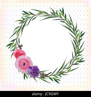 Fiore cerchio intorno ghirlanda di fiori rosa rosa viola Anemone Ranunculus foglia di eucalipto bacche bella bella primavera estate bouquet elegante watercol Illustrazione Vettoriale