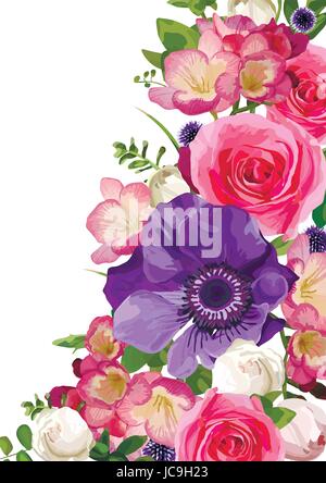 Fiore fiori luminosi hot rosa rosa Anemone thistle lascia bella bella primavera estate bouquet illustrazione vettoriale.Vista dall'alto piazza watercol elegante Illustrazione Vettoriale