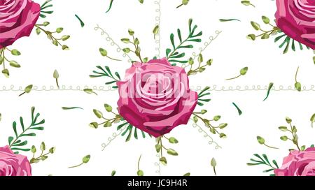 Vintage moody blue rose lavanda rose fiori e brunch di eucalipto, timo, piante decorative, erbe lascia bouquet seamless sfondo pattern, a parete Illustrazione Vettoriale