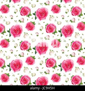 Vintage giardino rosa pulsanti di rose e fiori di rose, felce capelvenere piante decorative, foglie bouquet pattern seamless sfondo, sfondo, botanica Illustrazione Vettoriale