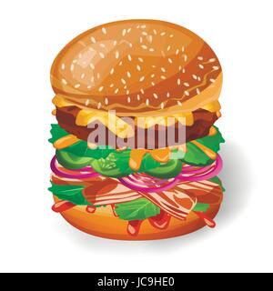 Burger freschi gustose grigliate di carni bovine cotoletta bacon foglia di lattuga insalata di patate fritte cetriolo cipolla senape salsa di pomodoro in rosy bun di sesamo. Vettore c verticale Illustrazione Vettoriale