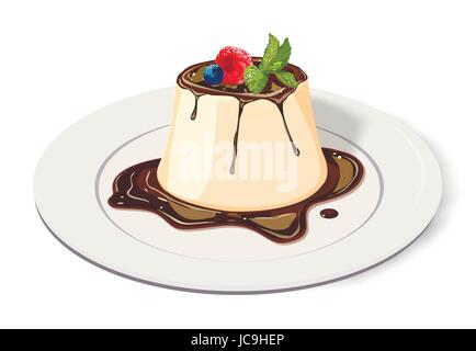 Panna cotta: salsa di cioccolato lampone mirtillo bacche di foglie di menta piastra. Il vettore orizzontale vista laterale vista dettagliata illustrazione fresco italiano swee cremosa Illustrazione Vettoriale