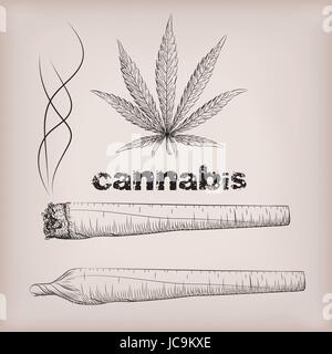 La Cannabis marijuana erbaccia laminato in foglia fumo di sigaretta stupefacente. Vector bella close-up vista laterale segno cartello iscrizione nero linea di contorno Illustrazione Vettoriale