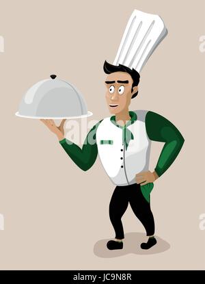 Gli uomini persona maschio giovane cuoco capo-chef fornello cartoon sorriso serve andare piatto cibo cloche argento ritratto del vassoio. Vettore di close-up bella verticale Illustrazione Vettoriale