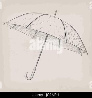 Ombrello o ombrellone vintage retrò nero illustrazione lineare su sfondo beige Illustrazione Vettoriale