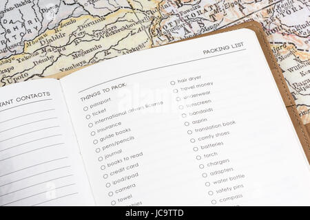 Una pagina di una bolla di un diario di viaggio con una mappa d'epoca sullo sfondo, che enfatizza le cose da mettere in valigia, incarnando l'essenza del concetto di viaggio Foto Stock