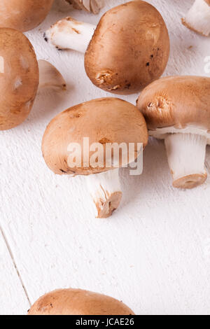 Frische braune Steinchampignons als Nahaufnahme auf einem rustikalen weißem Holzbrett Foto Stock