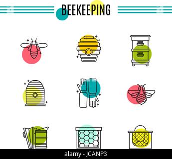 Set di icone di apicoltura, miele, apiario. Illustrazione Vettoriale
