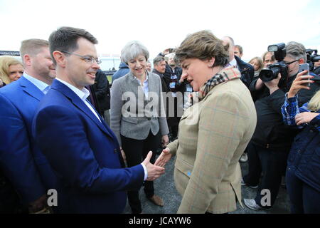 Maggio 2017. Foto/Paolo McErlane FILE esclusive immagini - Irlanda del Nord il Segretario di Stato James Brokenshire scuote le mani con DUP leader Arlene Foster durante un tour di The Balmoral Show, Lisburn, County Antrim, Sabato 13 Maggio, 2017. Foto/Paolo McErlane Foto Stock