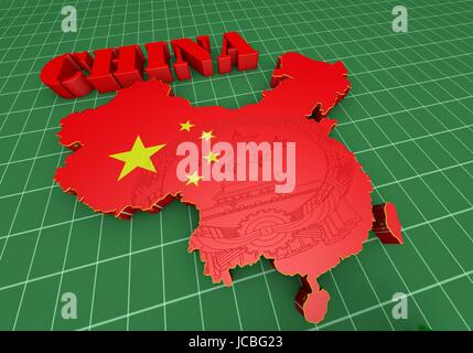 Mappa 3D della Cina in bandiera cinese di colori. Foto Stock