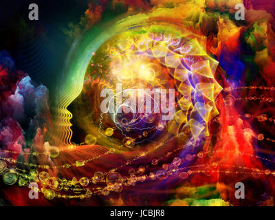 Geometria dell'anima due serie. Interazione del profilo umano e gli elementi astratti sul tema della spiritualità, la scienza, la creatività e la mente umana Foto Stock