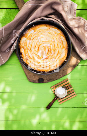 Fresh home mela cotta la torta in una teglia da forno con un piccolo filtro con dello zucchero a velo per spolverare sulla parte superiore su un giardino verde tabella nella luce solare pezzata visto dal tettuccio Foto Stock