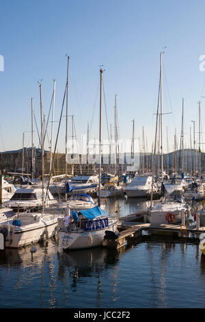 Barche ormeggiate ordinatamente in Sutton Harbour Marina al tramonto, il Barbican, Plymouth Devon, Inghilterra, Regno Unito Foto Stock