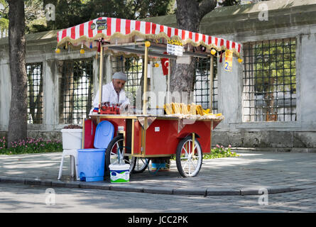 Istanbul, Turchia - 16 Aprile 2017: il vecchio uomo vendita di boschi di castagno e di mais sulle tradizionali turchi fast food cart in Sultan Ahmed Square Foto Stock