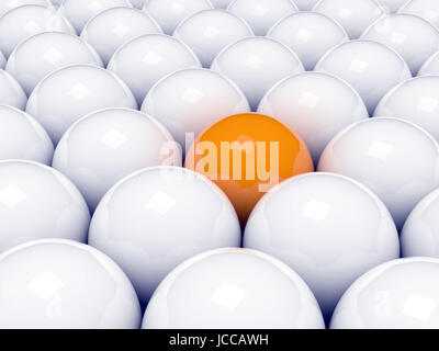 3D rendering di una sfera arancione stand alone in un gruppo di palle bianche. Concetto: business, leadership, solitudine... Foto Stock