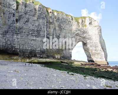 Vista della scogliera con arco sul canale in lingua inglese sulla spiaggia di ciottoli di Eretrat cote d'alabastro, Francia Foto Stock