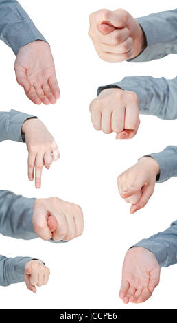 Set di vista frontale della mano femminile gesto isolato su sfondo bianco Foto Stock