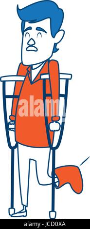 Cartoon uomo piede con gesso medici disabilità a camminare sulle stampelle Illustrazione Vettoriale