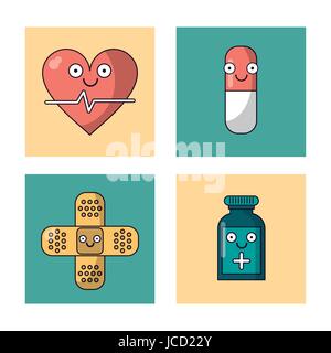 Sfondo bianco con set di cornici con cuore il polso e la pillola e il divieto di aiuti e bottiglia di medicina Illustrazione Vettoriale