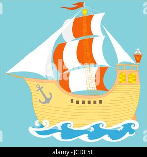 Barca a vela con cartoni animati d'epoca che galleggia sul design vettoriale delle onde marine Illustrazione Vettoriale