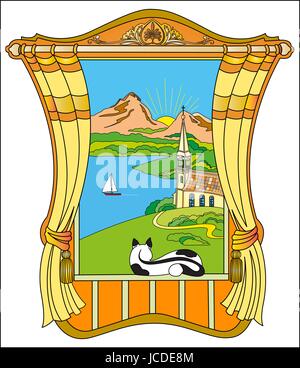 Finestra con vista sul paesaggio montano con un gatto sul disegno vettoriale del davanzale Illustrazione Vettoriale