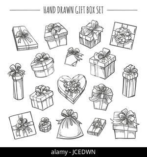 Gift Box set in mano stile disegnato. Schizzo delineare attuali box isolati su sfondo bianco Illustrazione Vettoriale