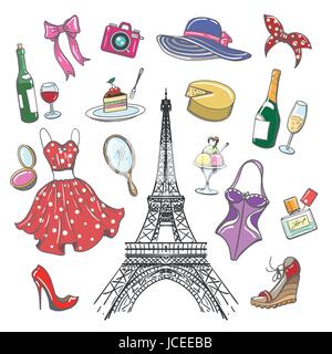 Colorata moda Parigi schizzo collezione. Donna disegnata a mano di moda accessoriper ragazze viaggi e shopping isolati su sfondo bianco. Vettore i Illustrazione Vettoriale